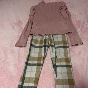 Janie and Jack sz 7 plaid leggings with matching pink shimmer mock neck top